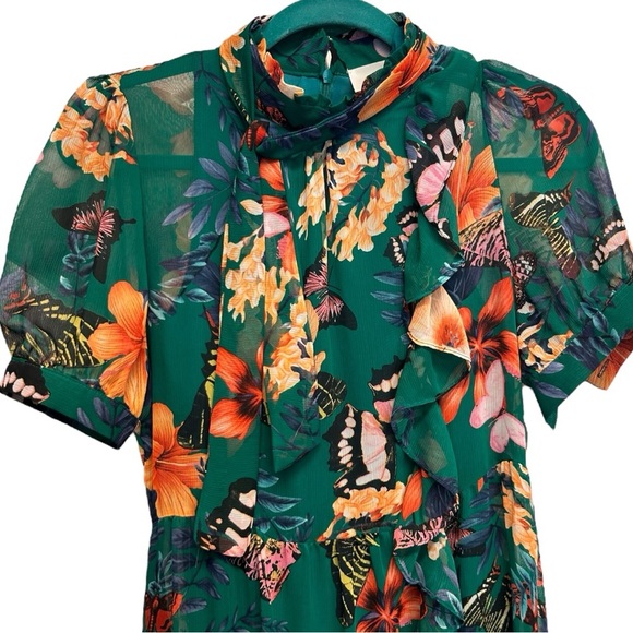 Green Floral Butterflies Mock Neck Sheer Short Sleeve Ruffle Maxi Dress Small - Picture 2 of 10